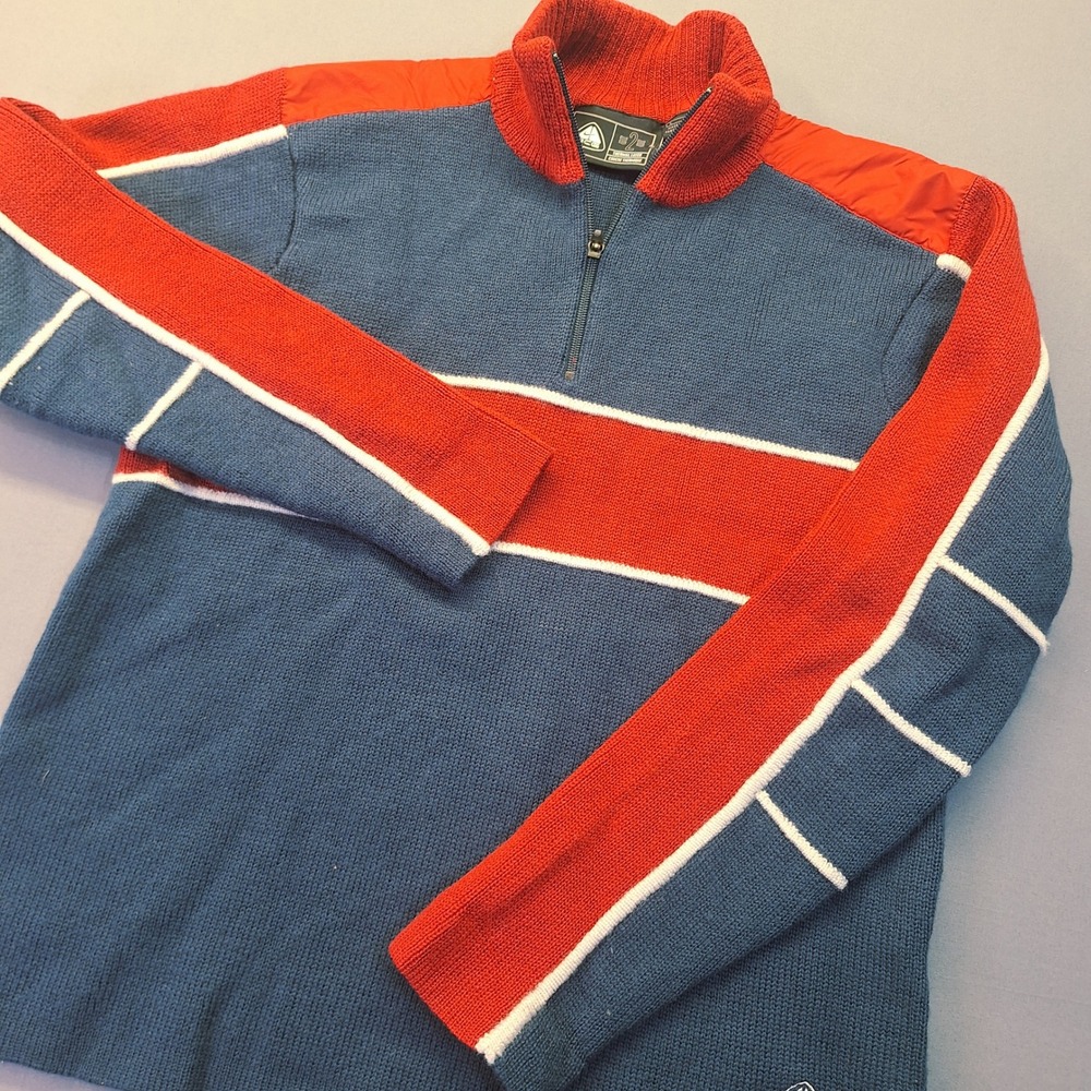 Nike ACG Mens Wool Quarter Zip Sweater Blue Red Colorblock Thermal Layer 2 Large